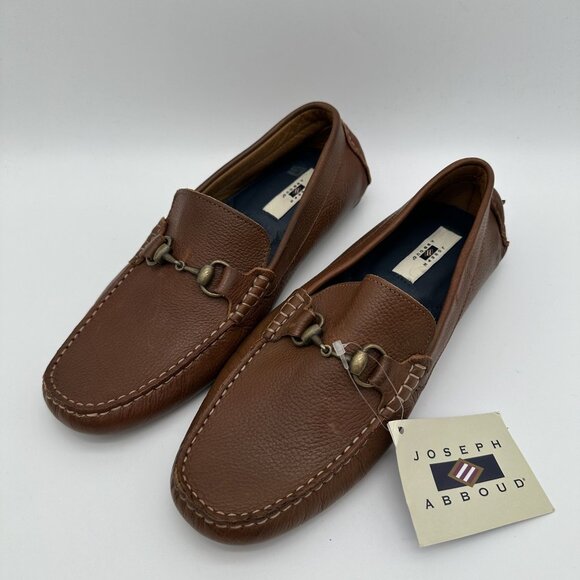 Joseph Abboud Mens Brown Leather Loafers Size 9 Brass Bit Detail & Rubber Soles - Picture 1 of 9